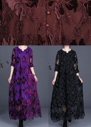 Loose Chocolate Long Lace Dress O Neck Maxi Dress - SooLinen