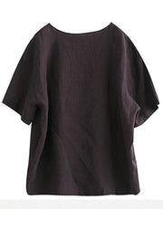 Loose Chocolate O-Neck Graphic Linen T-Shirt Half Sleeve - SooLinen