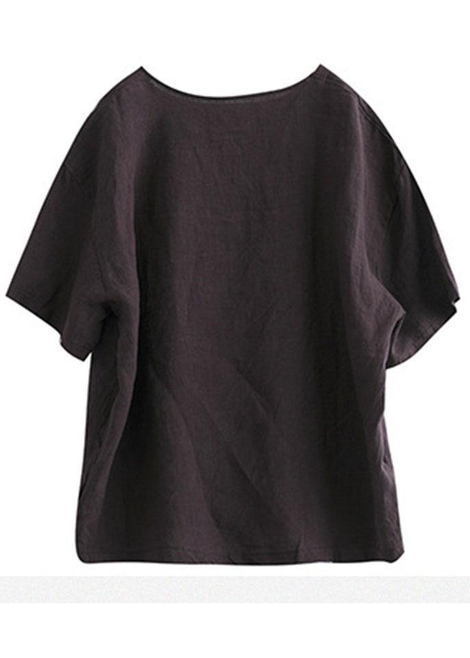 Loose Chocolate O-Neck Graphic Linen T-Shirt Half Sleeve - SooLinen