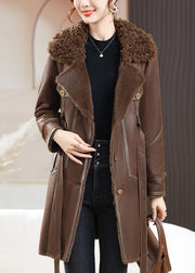 Loose Coffee Fur Collar Button Tie Waist Fuzzy Fur Coats Winter