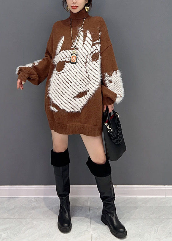 Loose Chocolate Hign Neck Character Print Knit Top Winter