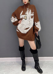 Loose Chocolate Hign Neck Character Print Knit Top Winter