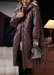 Loose Coffee Hooded Pockets Duck Down Coat Winter
