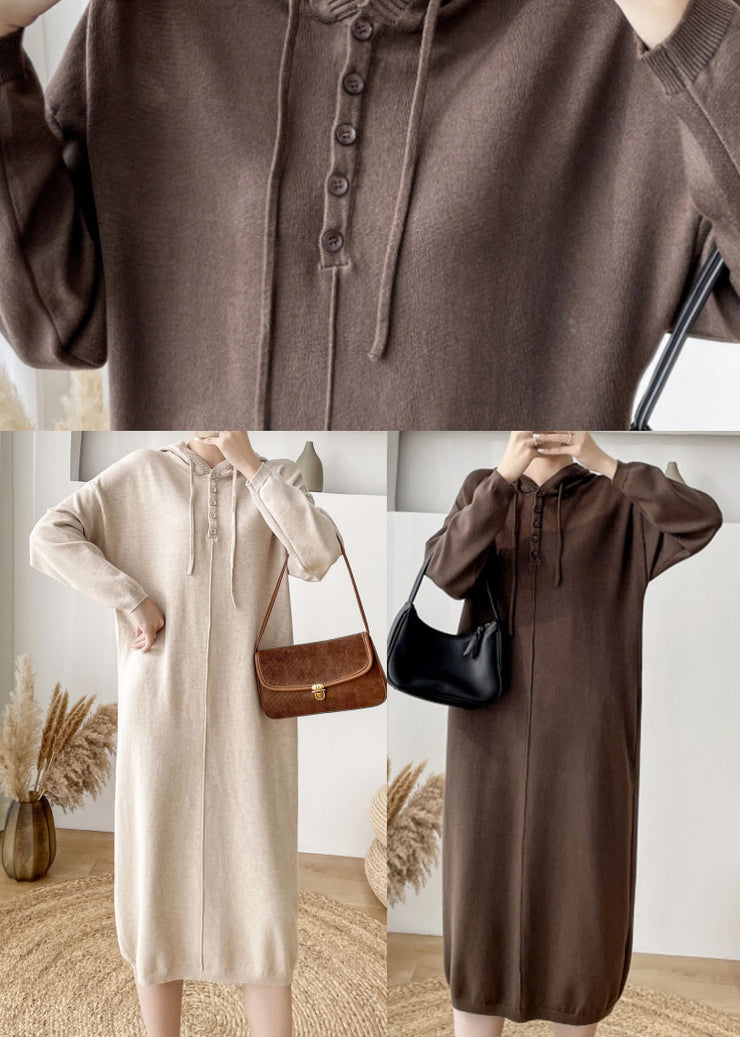 Loose Chocolate Hooded thick Knit Sweater Dress Winter