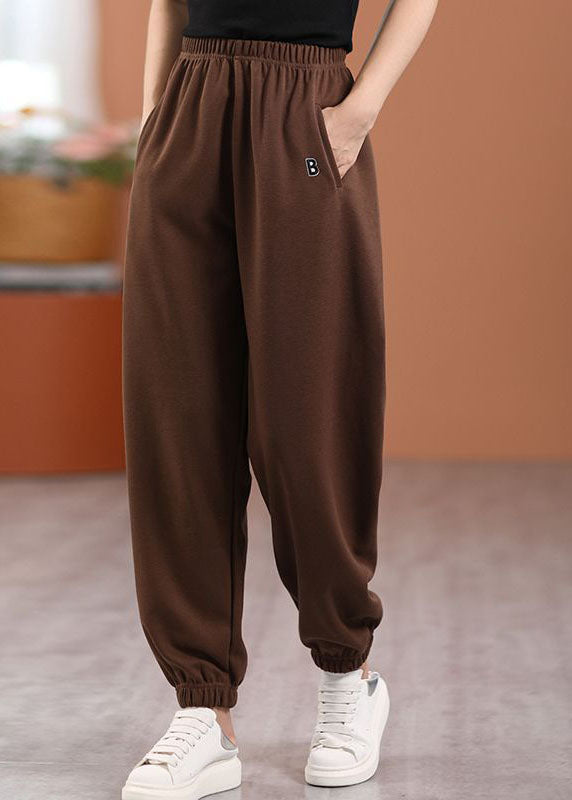 Loose Chocolate Letter Embroidered Elastic Waist Cotton Pants Spring