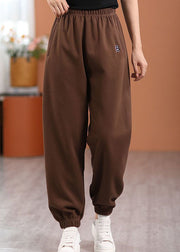Loose Chocolate Letter Embroidered Elastic Waist Cotton Pants Spring