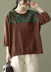 Loose Chocolate O-Neck Button Patchwork Print Knit tops Long Sleeve