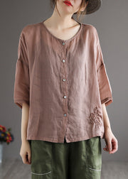 Loose Rose O-Neck Embroidered Button Linen Shirt Half Sleeve
