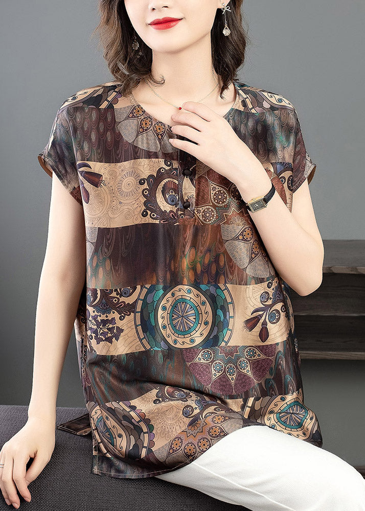 Loose Chocolate O-Neck Print Side Open Silk Tops Short Sleeve