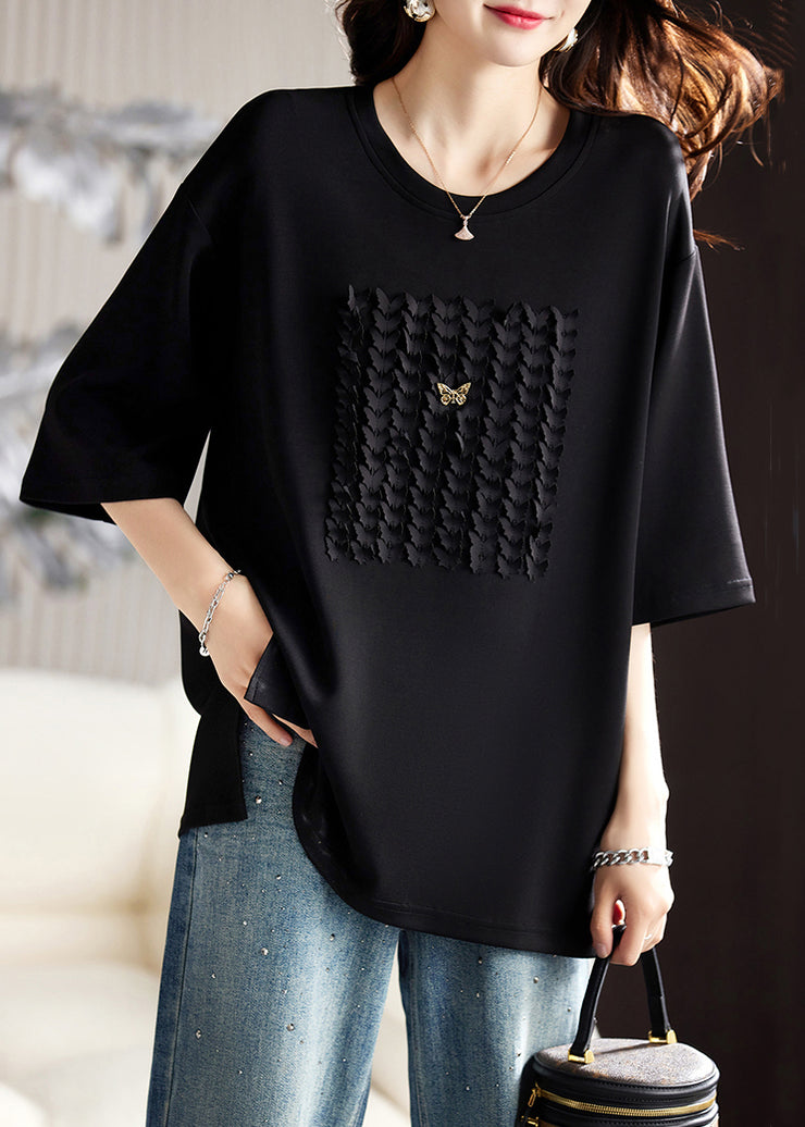 Loose Coffee O Neck Side Open Cotton T Shirt Half Sleeve