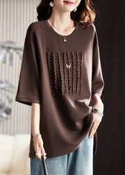 Loose Coffee O Neck Side Open Cotton T Shirt Half Sleeve