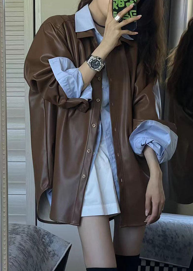 Loose Coffee Peter Pan Collar Button Faux Leather Jackets Long Sleeve