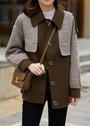 Loose Coffee Plaid Button Patchwork Cotton Coats Fall