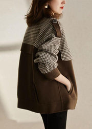 Loose Coffee Plaid Button Patchwork Cotton Coats Fall