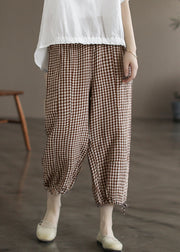 Loose Coffee Plaid Pockets Elastic Waist Linen Crop Pants Summer