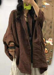 Loose Chocolate Pocket Peter Pan Collar Linen Coats Long Sleeve