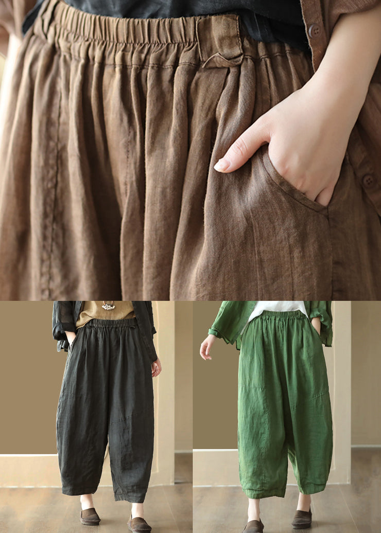 Loose Coffee Pockets Elastic Waist Linen Crop Pants Summer