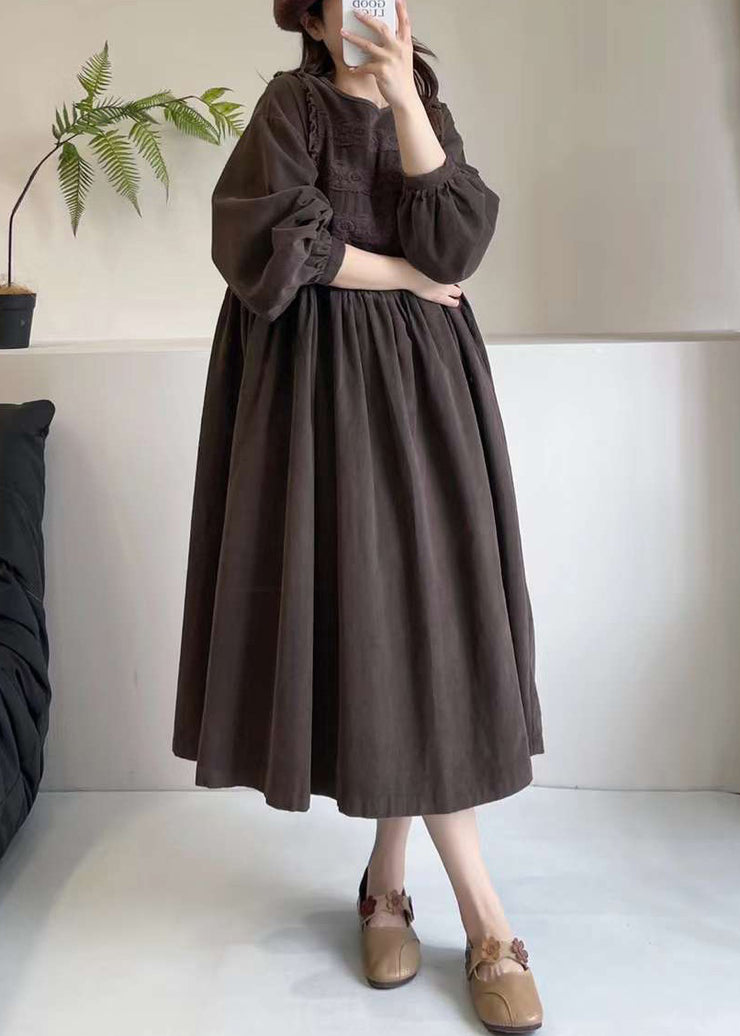Loose Coffee Ruffled Lace Patchwork Corduroy Dresses Spring