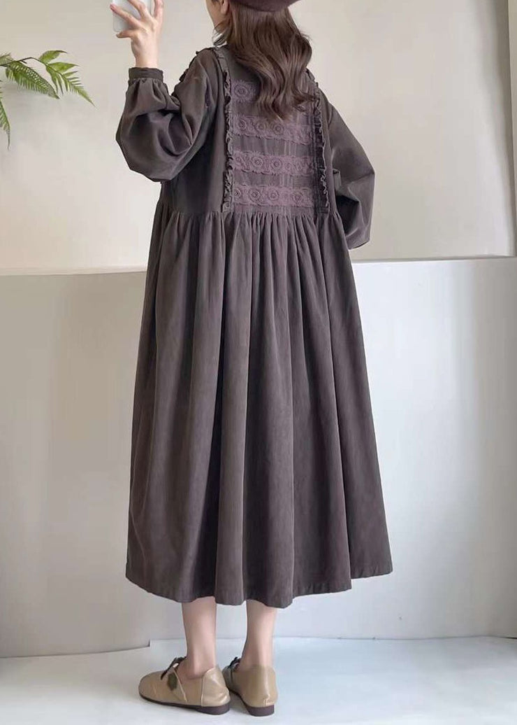 Loose Coffee Ruffled Lace Patchwork Corduroy Dresses Spring
