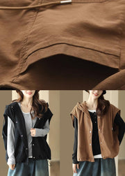 Loose Coffee Solid Button Drawstring Cotton Waistcoat Sleeveless