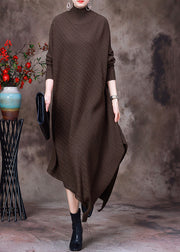 Loose Chocolate Turtleneck Asymmetrical Knit Dresses Long Sleeve