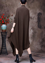 Loose Chocolate Turtleneck Asymmetrical Knit Dresses Long Sleeve