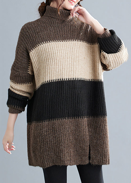 Loose Coffee Turtleneck Side Open Patchwork Cotton Knit Sweaters Winter