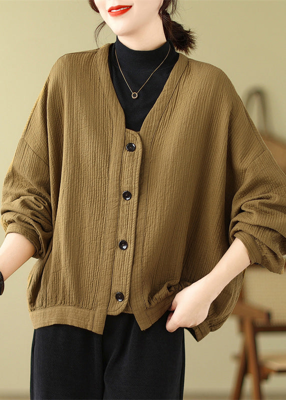 Loose Coffee V Neck Button Patchwork Cotton Coats Batwing Sleeve