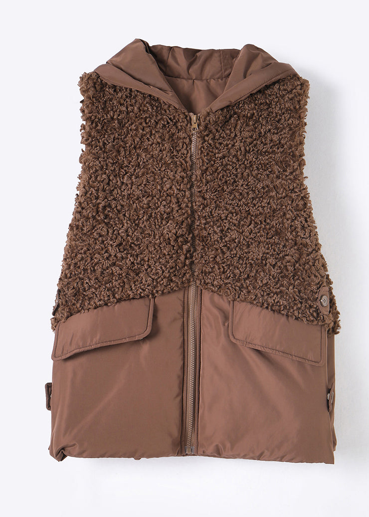 Loose Coffee Zip Up Faux Fur Patchwork Fine Cotton Filled Vest Sleeveless