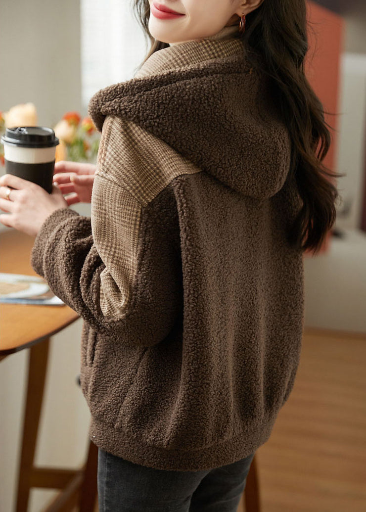 Loose Coffee Zippered Plaid Patchwork Faux Fur Hoodie Coat Fall