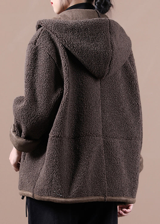 Loose Chocolate Zippered Pockets Faux Fur Hooded Coats Fall