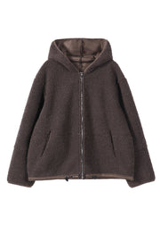 Loose Chocolate Zippered Pockets Faux Fur Hooded Coats Fall