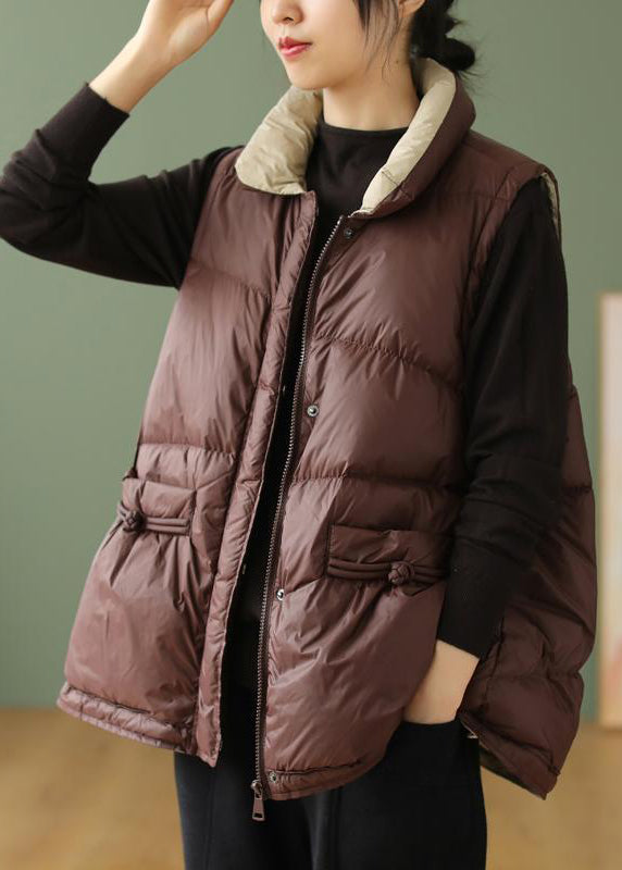 Loose Coffeee Stand Collar Drawstring Zippered Duck Down Down Waistcoat Winter