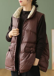 Loose Coffeee Stand Collar Drawstring Zippered Duck Down Down Waistcoat Winter