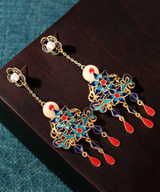 Loose Colorblock Ancient Gold Jade Pearl Enamel Tassel Drop Earrings