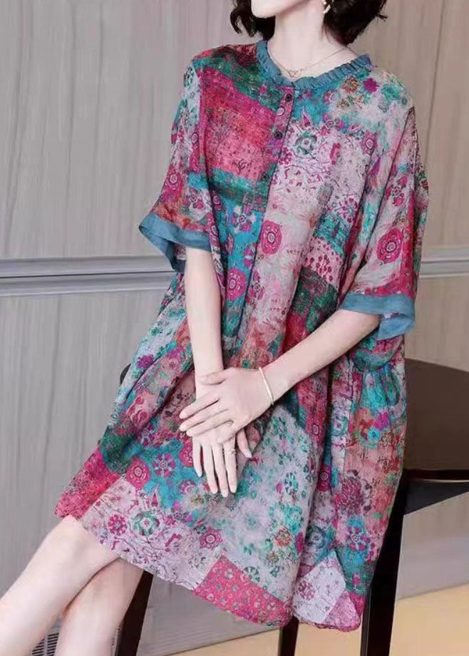Loose Colorblock Ruffled Print Patchwork Linen Mid Dresses Summer