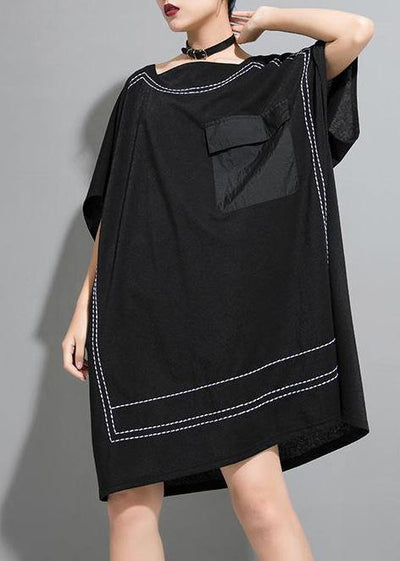 Loose Cotton Tunics Indian Personality Rectangular Frame Spliced Black Dress - SooLinen