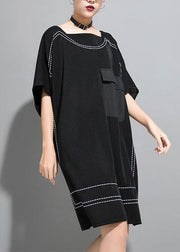 Loose Cotton Tunics Indian Personality Rectangular Frame Spliced Black Dress - SooLinen