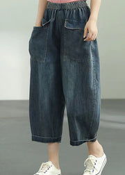 Loose Dark Blue Elastic Waist Oversized Big Pockets Cotton Denim Harem Pants Summer