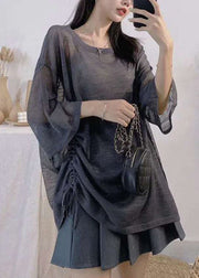 Loose Dark Gray Lace Up Cozy Ice Silk Knit Top Half Sleeve