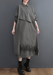 Loose Dark Gray Pockets Patchwork False Two Pieces Cotton Dress Fall