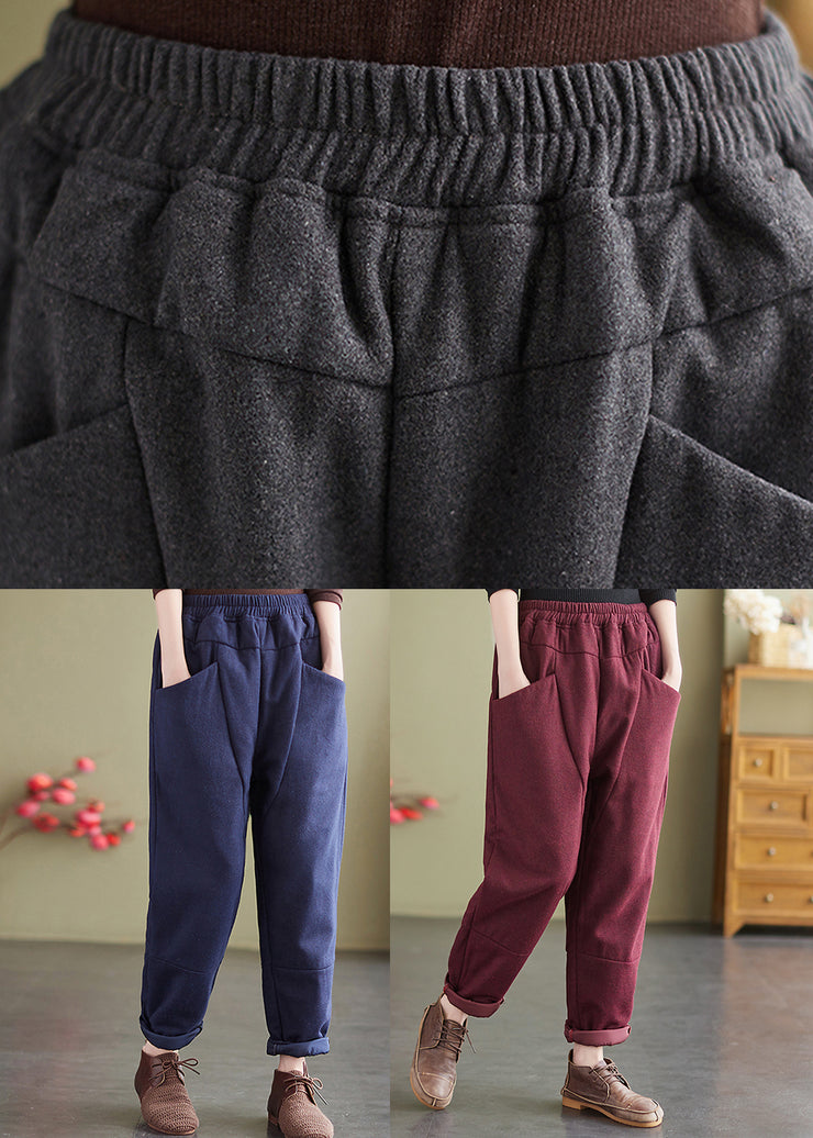 Loose Dark Grey Pockets Elastic Waist Fine Cotton Filled Pants Winter