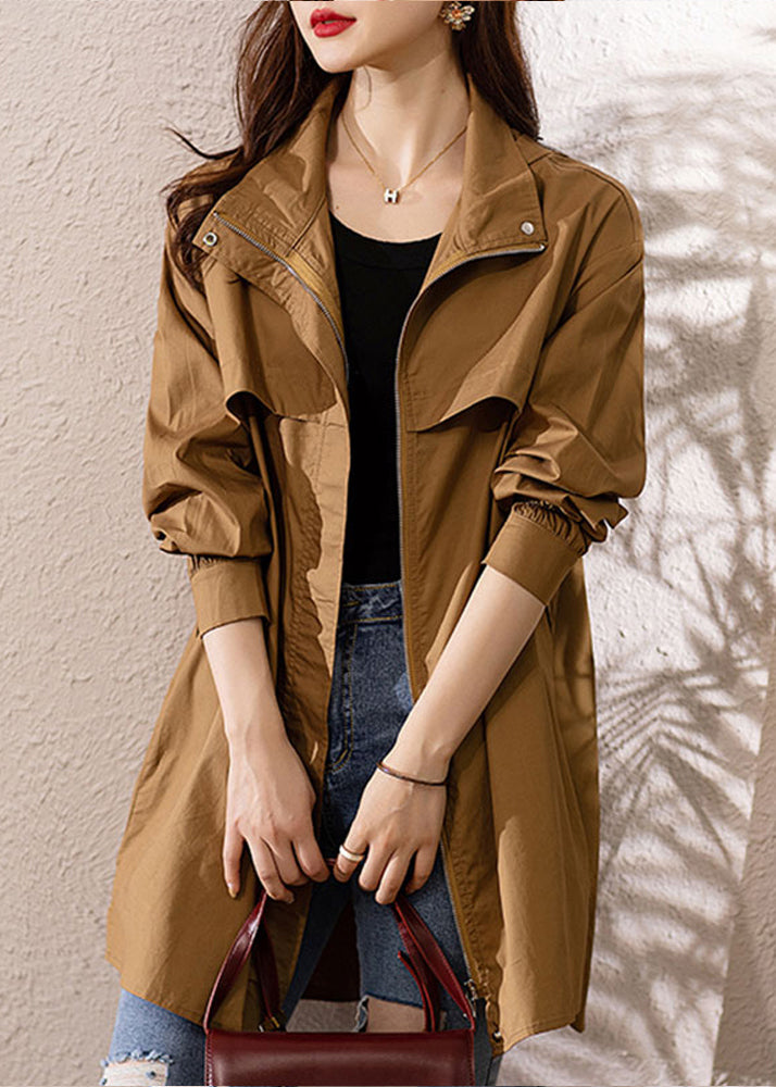 Loose Dark Khaki Hooded Zip Up Patchwork Cotton Trench Coat Fall