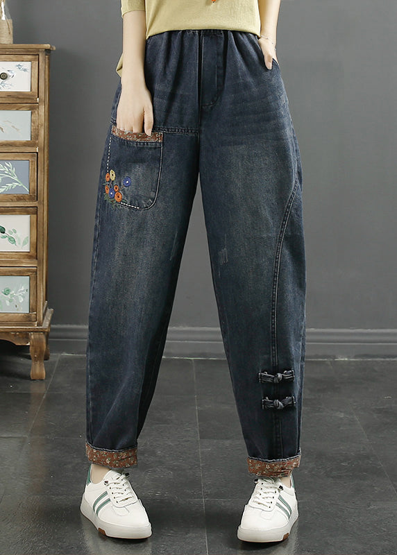 Loose Denim Blue Embroidered Pockets Elastic Waist Jeans Fall
