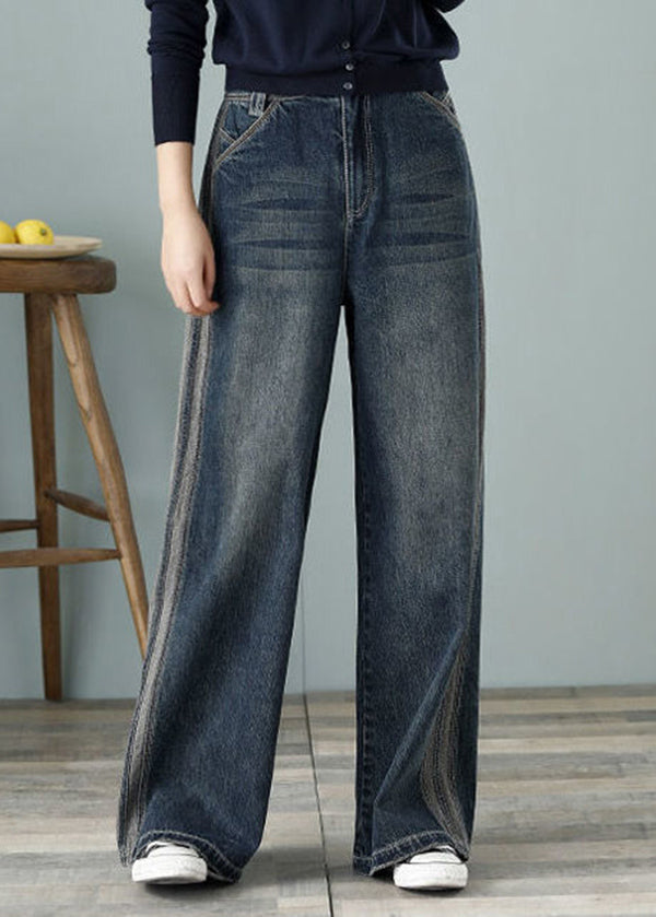 Lose Jeansblaue Hosen mit hoher Taille und weitem Bein aus Baumwolle für Damen im Frühling