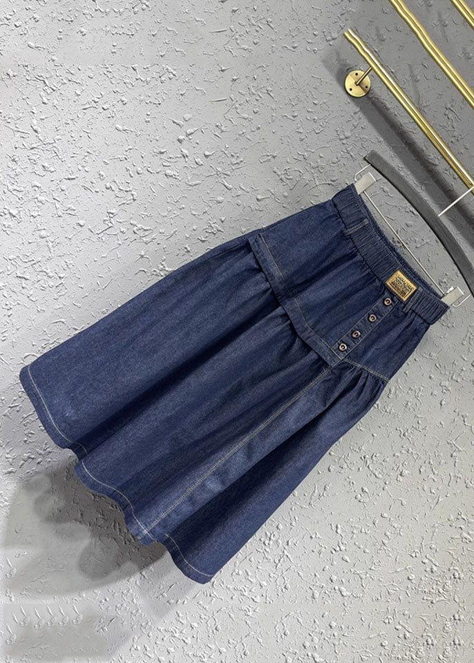 Loose Denim Blue Patchwork Button Elastic Waist A Line Skirt