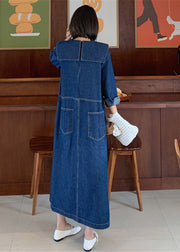 Lockeres Jeansblau Peter Pan Kragen Patchwork Taschen Kleid Langarm