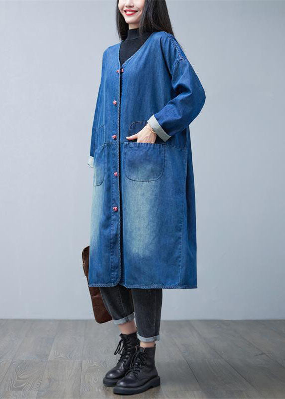 Loose Denim Blue V Neck Patchwork Pockets Cotton Trench Coats Spring