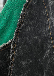 Loose Denim Patchwork Knit V Neck Pockets Button Fall Jacket Long sleeve