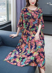 Loose Floral O-Neck Side Open Patchwork Chiffon Long Dresses Summer